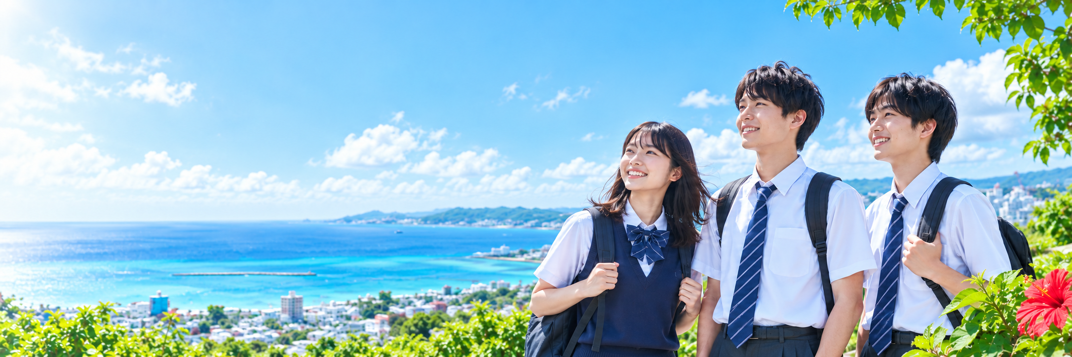 沖縄の海と青空を背景に、笑顔で未来を見つめる高校生のイメージ